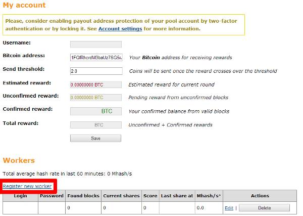 Registering a worker in slush pool for Bitcoin mining