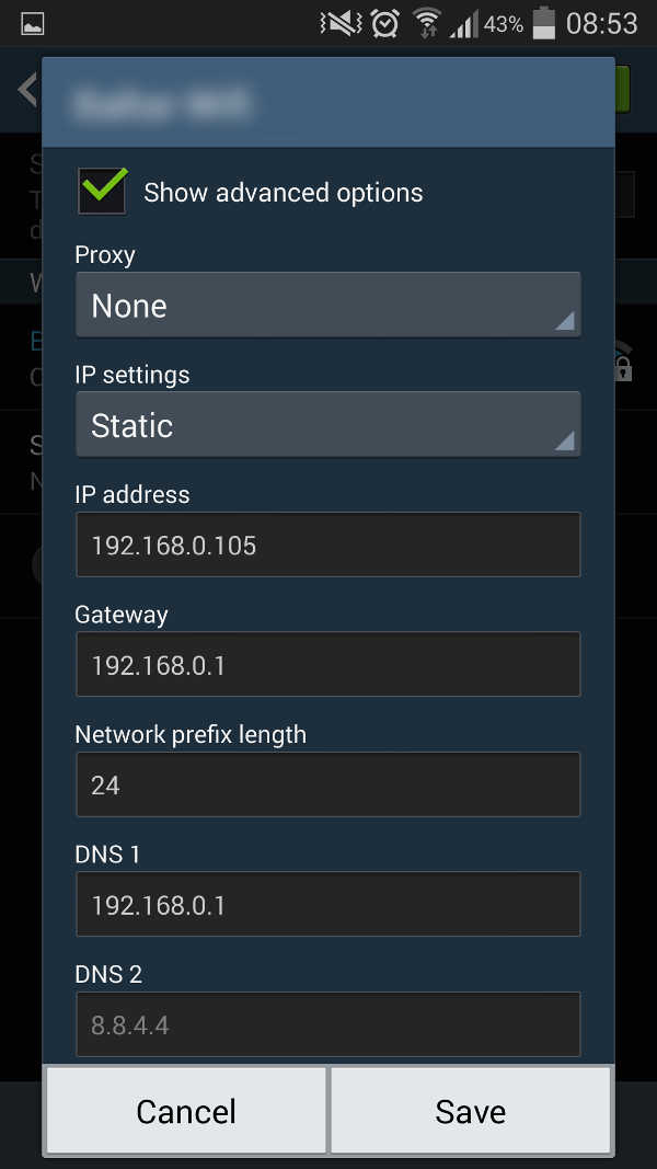Android Wifi connection setting with static on IP Settings
