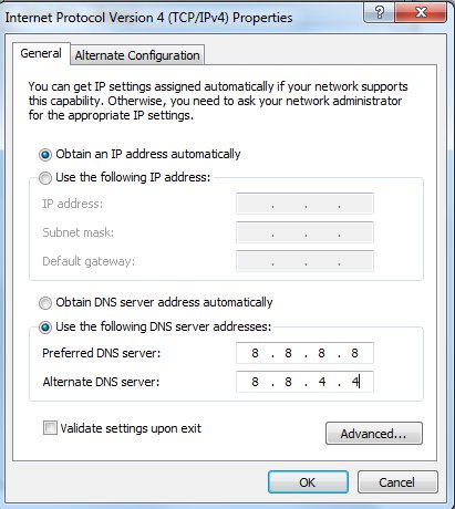 Changing DNS server in windows, ipv4 connection properties