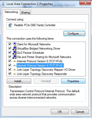 Changing DNS server in windows, connection properties
